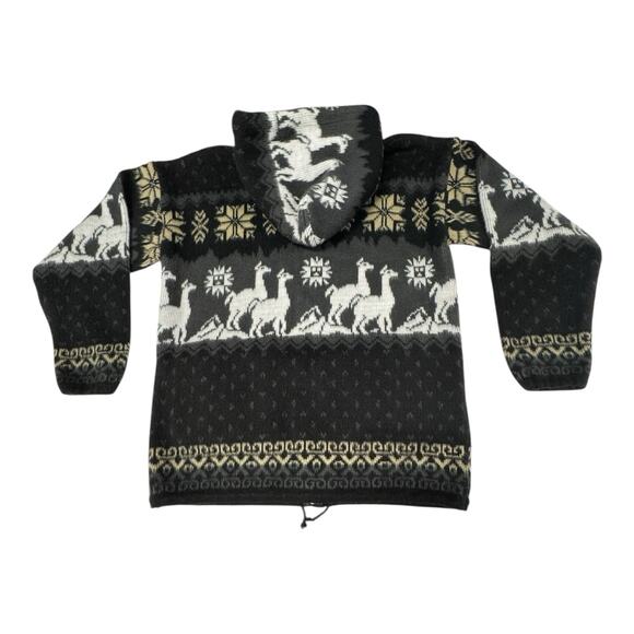 Yari Artesanias Medium Jacket Black Gray Ivory 100% Wool Llama Zip Hood Ecuador - Picture 10 of 10